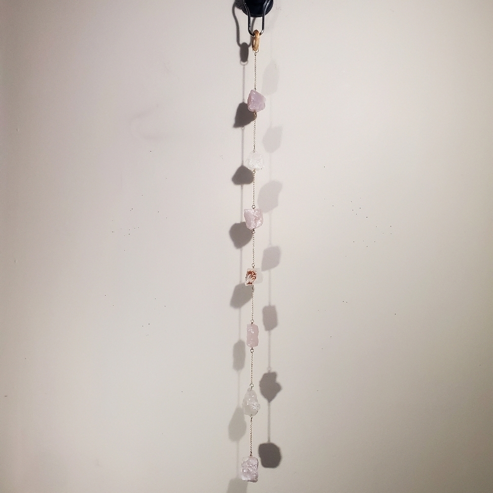 Crystal Wall Hanging Lg Raw Rose Quartz Crystal Metal Chain Hanging Decor NEW - Picture 6 of 12